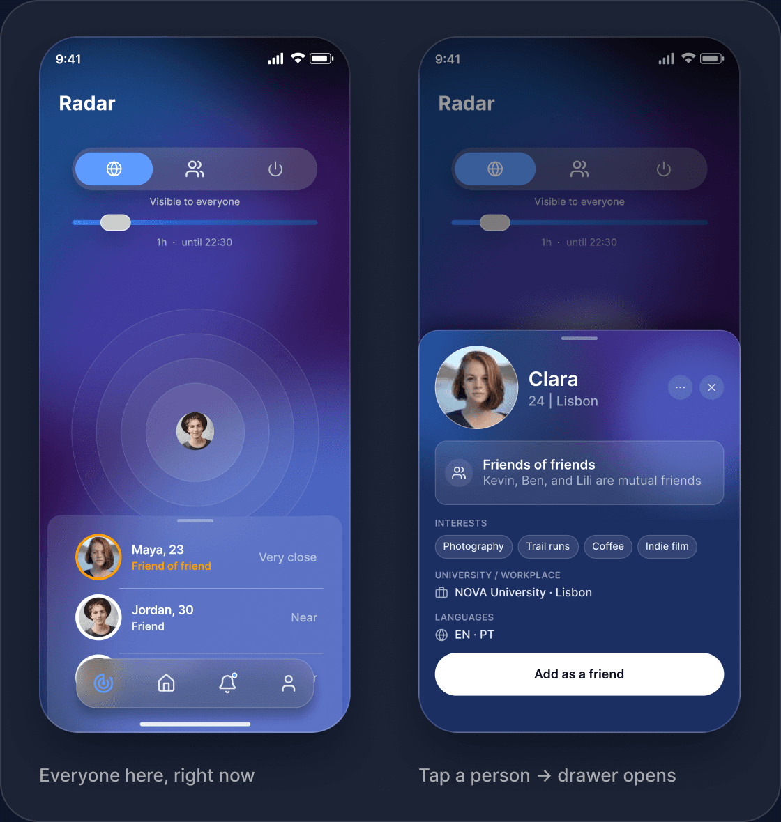 Two Ceya screens side by side: the radar showing everyone nearby, and the drawer that opens when you tap a person