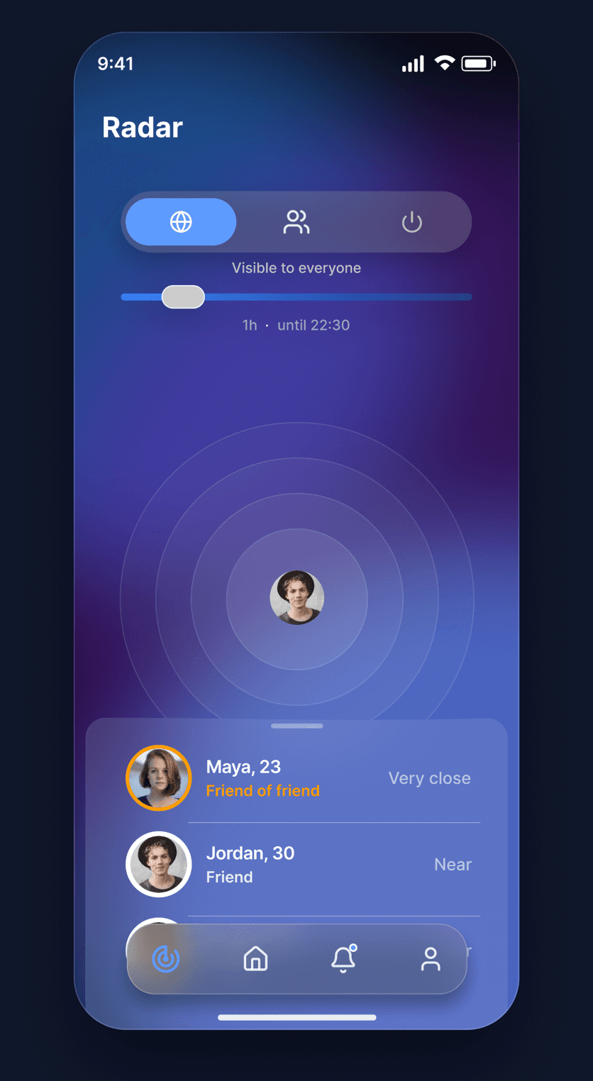 The Ceya radar screen, showing who is nearby and how you are connected to them