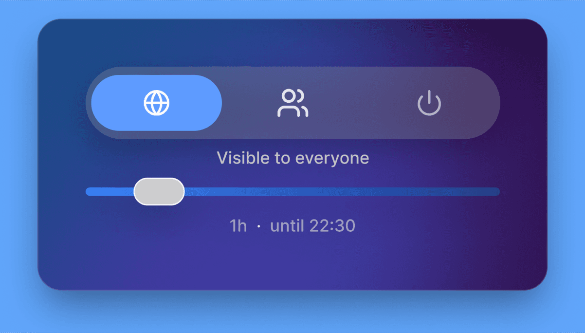 The Ceya broadcast control: a visibility scope switch set to everyone, with a duration slider reading one hour, until 22:30