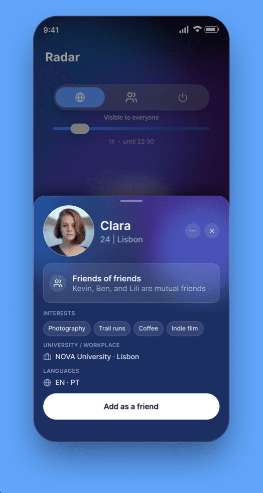A Ceya profile drawer for Clara, showing mutual friends, interests and an add as a friend button